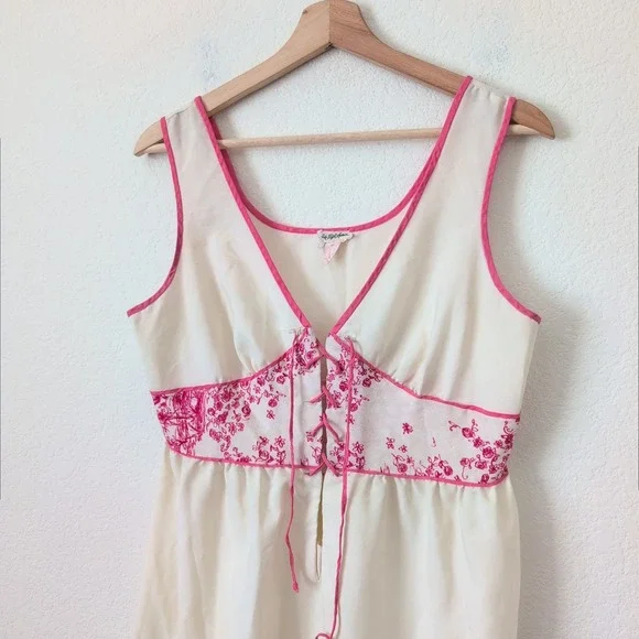 VTG 70s Saks Fifth Ave Cream‎ Pink Floral Lace Up Maxi Dress 34 Large Coquette - Picture 5 of 8